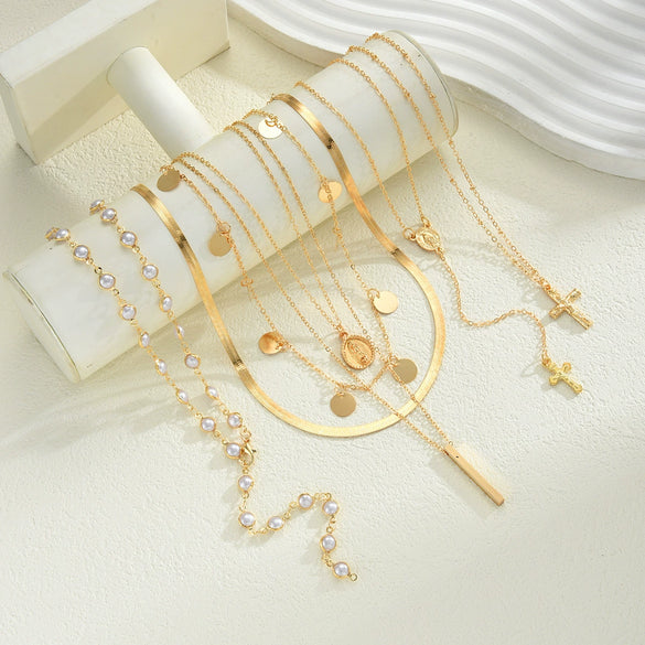 Women’s Alloy Pearl Embellished Cross Pendant Necklace With Tassel Layered Geometric Chain And Electroplated Finish