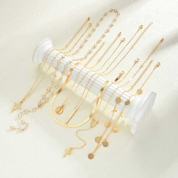 Women’s Alloy Pearl Embellished Cross Pendant Necklace With Tassel Layered Geometric Chain And Electroplated Finish