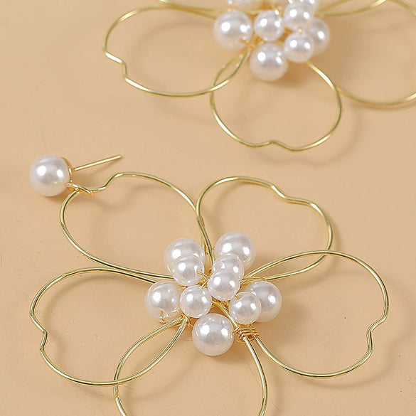 Women's Alloy Pearl Woven Big Flower Handwrapped Electroplated Earrings Jewelry