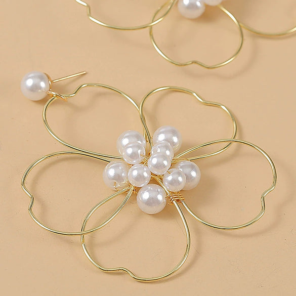 Women's Alloy Pearl Woven Big Flower Handwrapped Electroplated Earrings Jewelry