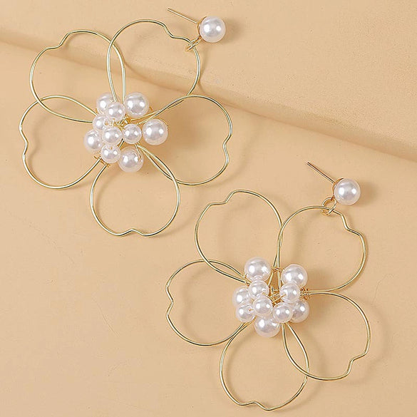 Women's Alloy Pearl Woven Big Flower Handwrapped Electroplated Earrings Jewelry