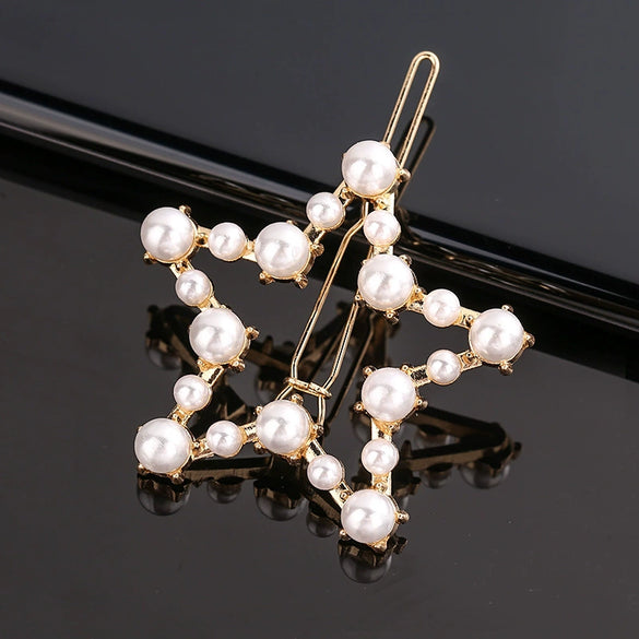 Women's Alloy Pearlset Geometric Frog Buckle Hair Clip Crown Bangs Side Clip Straight Barrette