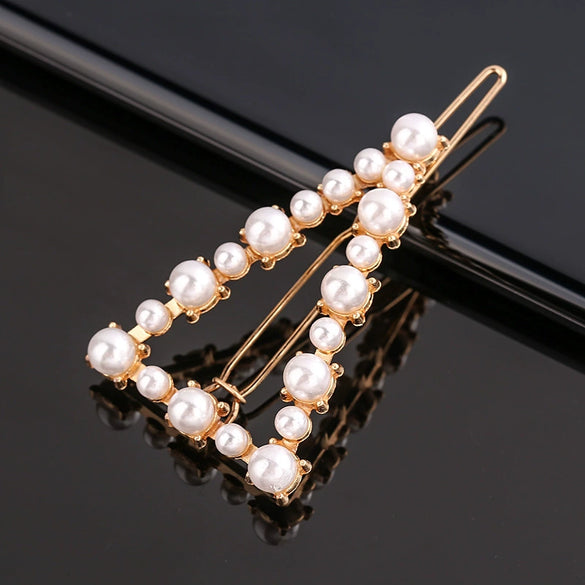 Women's Alloy Pearlset Geometric Frog Buckle Hair Clip Crown Bangs Side Clip Straight Barrette
