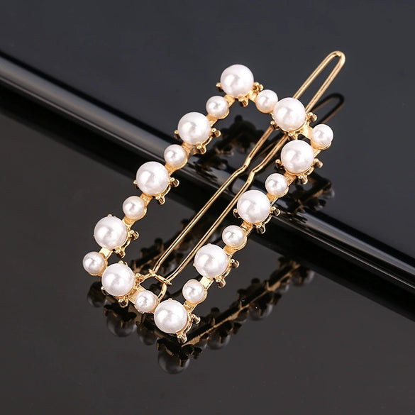 Women's Alloy Pearlset Geometric Frog Buckle Hair Clip Crown Bangs Side Clip Straight Barrette