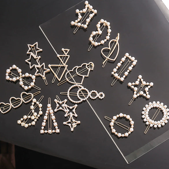 Women's Alloy Pearlset Geometric Frog Buckle Hair Clip Crown Bangs Side Clip Straight Barrette