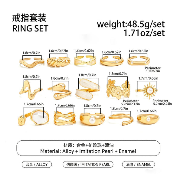 Women's Alloy Plated Imitation Pearl Sunflower Ring Set With Smooth Teardrop Stacked Rings And Geometric Floral Designs