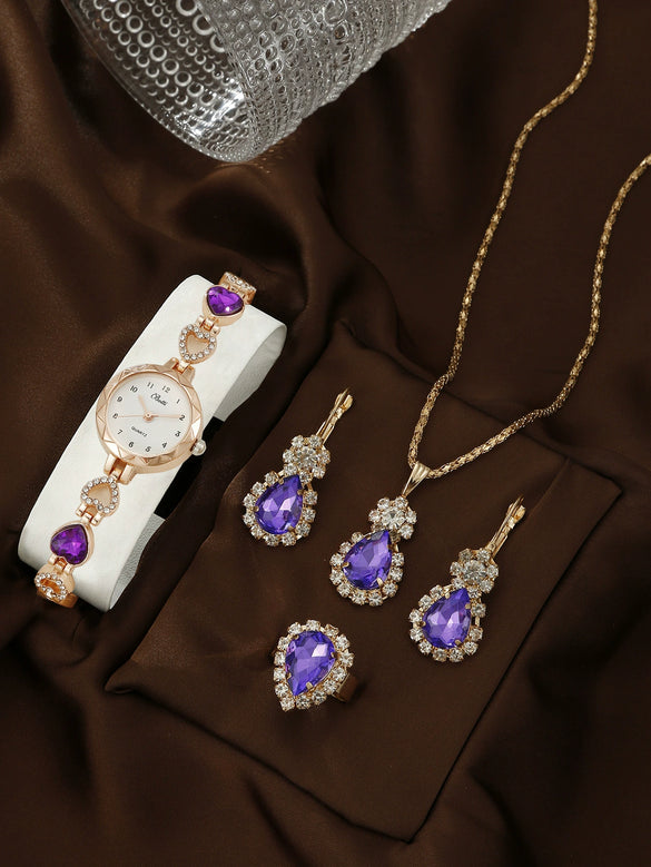 Women's Alloy Quartz Bracelet Watch With Round Dial And Luxury 3Piece Jewelry Watch Combination Suit