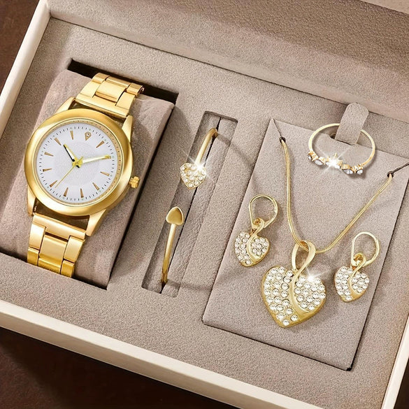 Women's Alloy Quartz Watch And Jewelry Set With Heartshaped And Round Design Casual Style