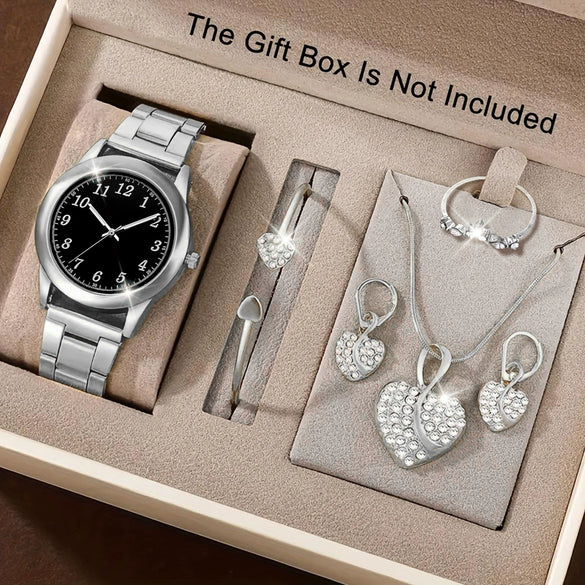 Women's Alloy Quartz Watch And Jewelry Set With Heartshaped And Round Design Casual Style