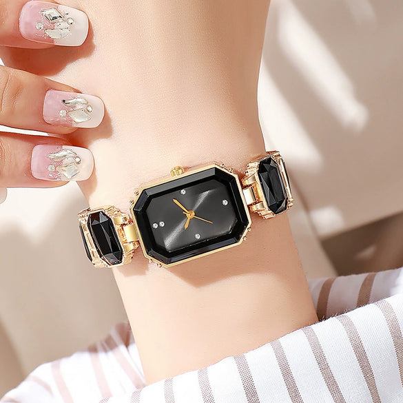 Women's Alloy Rectangle Dial Leisure Watch With Rose Gold Buckle And Full Of Diamonds