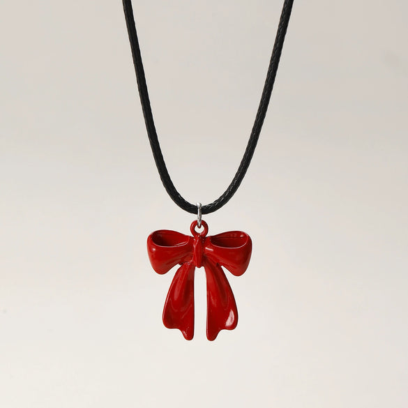 Women's Alloy Red Beaded Pendant Necklace And Bow Tie Earrings Set With Dripping Oil Process