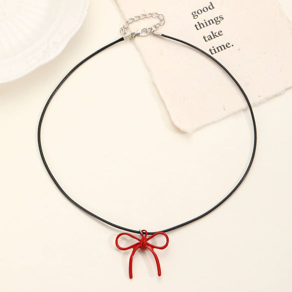 Women's Alloy Red Beaded Pendant Necklace And Bow Tie Earrings Set With Dripping Oil Process