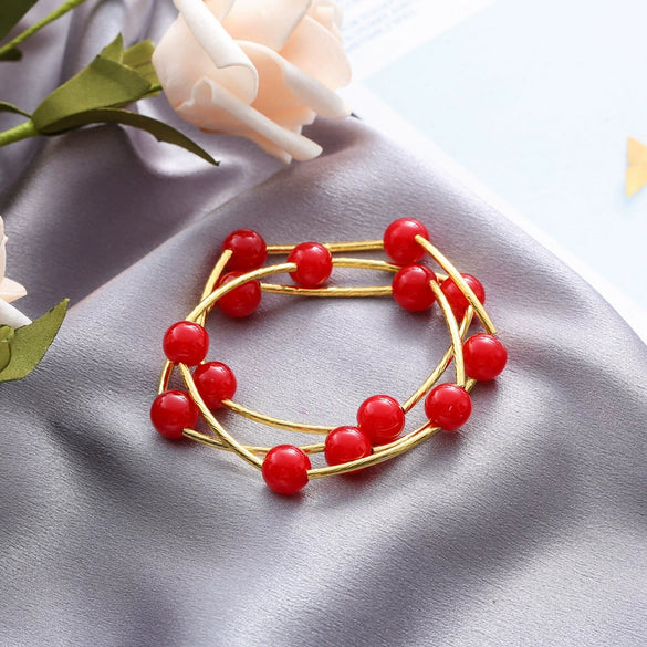 Women's Alloy Red Beaded Pendant Necklace And Bow Tie Earrings Set With Dripping Oil Process