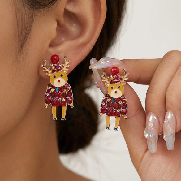 Women's Alloy Reindeer Stud Earrings With Rhinestone Detail Christmas Animal Design Electroplated Finish And Stainless Steel Ear Posts