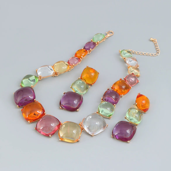 Women's Alloy Resin Jewelry Set With Square Shape And Geometric Style Snake Bone Chain Diamond Design