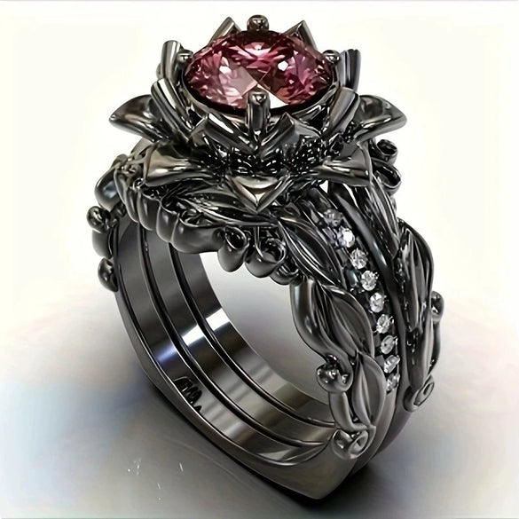 Women's Alloy Ring Threepiece Set With Flower Pattern And Rose Inlaid Zircon Electroplated Jewelry
