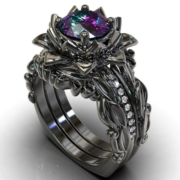 Women's Alloy Ring Threepiece Set With Flower Pattern And Rose Inlaid Zircon Electroplated Jewelry