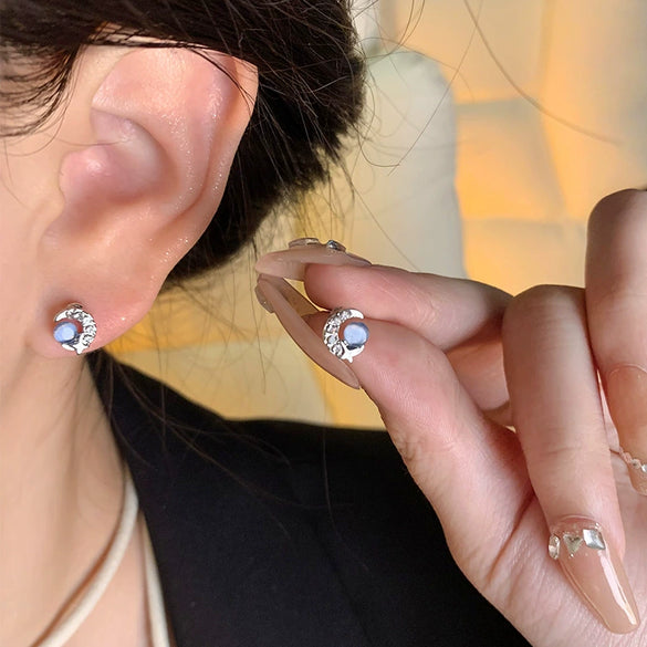 Women's Alloy S925 Silver Needle Blue Opalite Moon Bow Electroplated Earrings