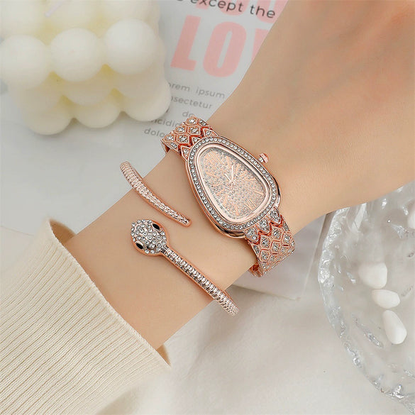 Women's Alloy Serpentine Watch Bracelet With Diamond Inlay And Stainless Steel Single Folding Buckle