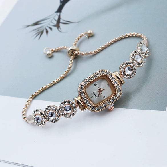Women's Alloy Square Quartz Bracelet Watch Fashion Diamondencrusted
