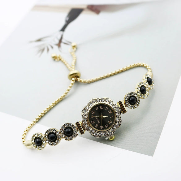 Women's Alloy Stainless Steel Luxury Elegant Fashion Quartz Watch With Chalcedony Bracelet And Pull Rope Free Adjustment