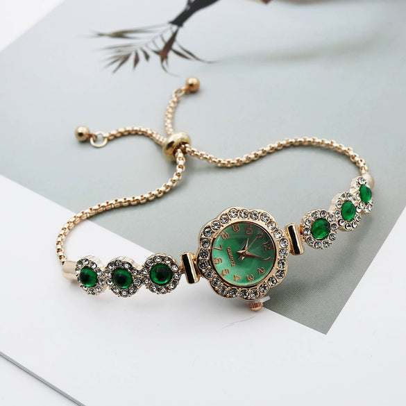 Women's Alloy Stainless Steel Luxury Elegant Fashion Quartz Watch With Chalcedony Bracelet And Pull Rope Free Adjustment
