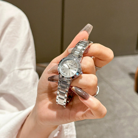Women's Alloy Steel Belt Quartz Watch With Round Dial And Butterfly Double Snap Button Leisure Style