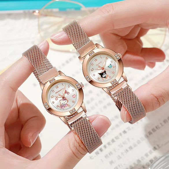 Women's Alloy Strap Cartoon Style Round Dial Quartz Watch With Rose Gold And Diamond Inlay