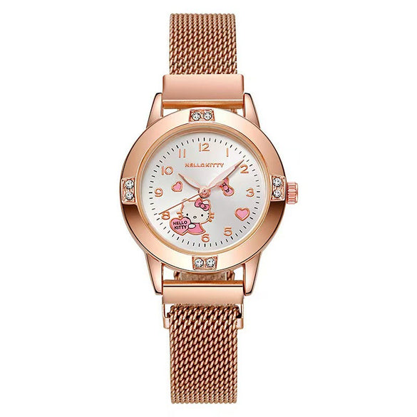 Women's Alloy Strap Cartoon Style Round Dial Quartz Watch With Rose Gold And Diamond Inlay