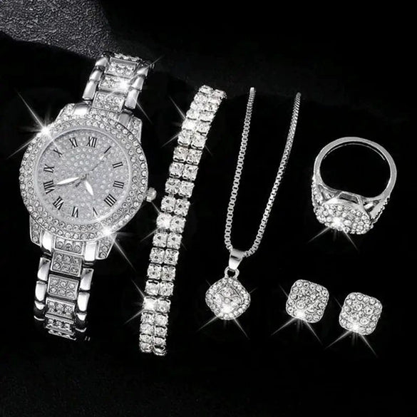 Women's Alloy Watch Fivepiece Set Round Dial Spiral Crown Pin Buckle Ordinary Glass Mirror Leisure Style