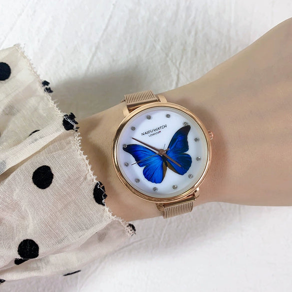 Women's Alloy Watch With Blue Butterfly Design Simple Elegant Fashion Style