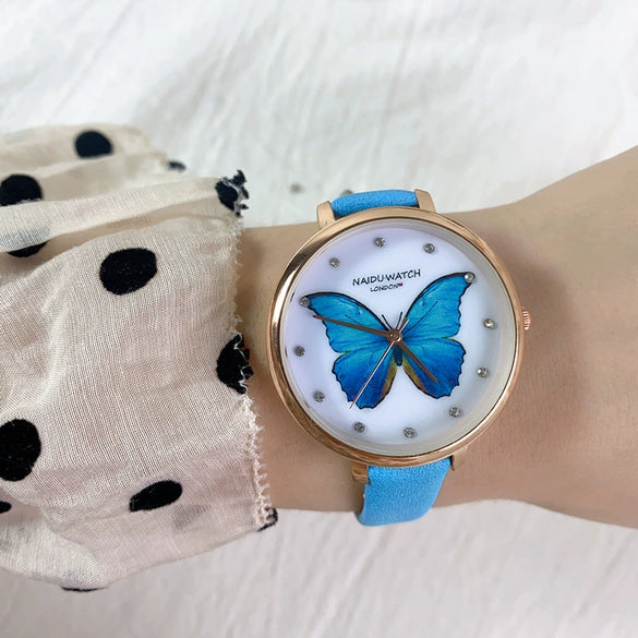 Women's Alloy Watch With Blue Butterfly Design Simple Elegant Fashion Style