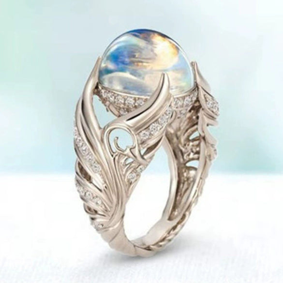 Women's Alloy White Swan Cutout Ring With Colorful Imitation Moonstone Geometric Design Electroplated Fashion Jewelry