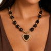 Women's Ambertoned Resin Beaded Necklace With Geometric Heart Pendant Handmade Retro Statement Jewelry With Lobster Clasp