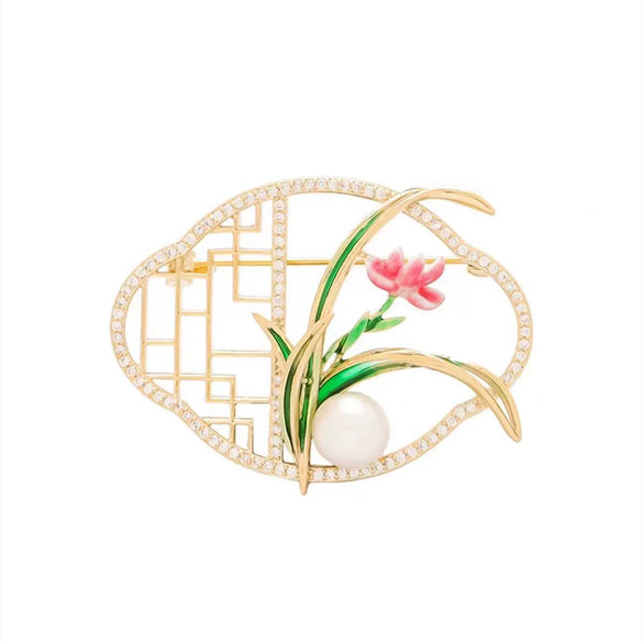 Women's Antique Orchid Alloy Brooch With Pearl Temperament And Electroplating Treatment