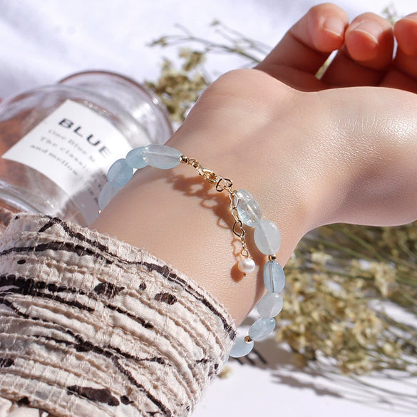 Women's Aquamarine Bracelet With Freshwater Pearl And Crystal Natural Style