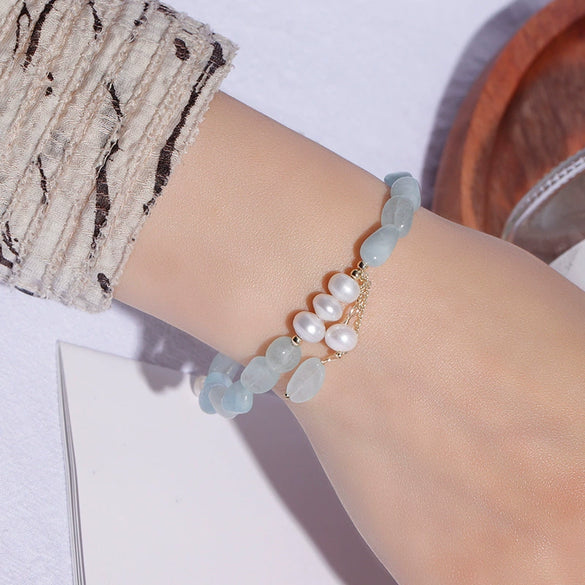 Women's Aquamarine Bracelet With Freshwater Pearl And Crystal Natural Style