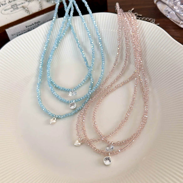 Women's Artificial Crystal Beaded Geometric Love Necklace With Polished Ball Chain