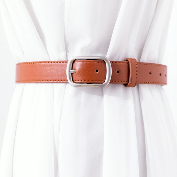 Women’s Artificial Leather Belt With Rectangle Alloy Pin Buckle Solid Color Simple Fashion All Match Decorative Jeans Belt