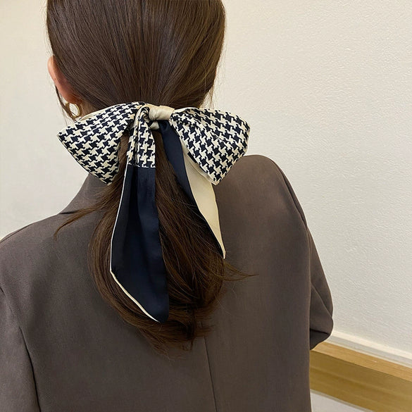 Women's Artificial Silk Houndstooth Rectangular Long Scarf Hair Ribbon Decorative Neck And Hair Scarf For Spring And Autumn