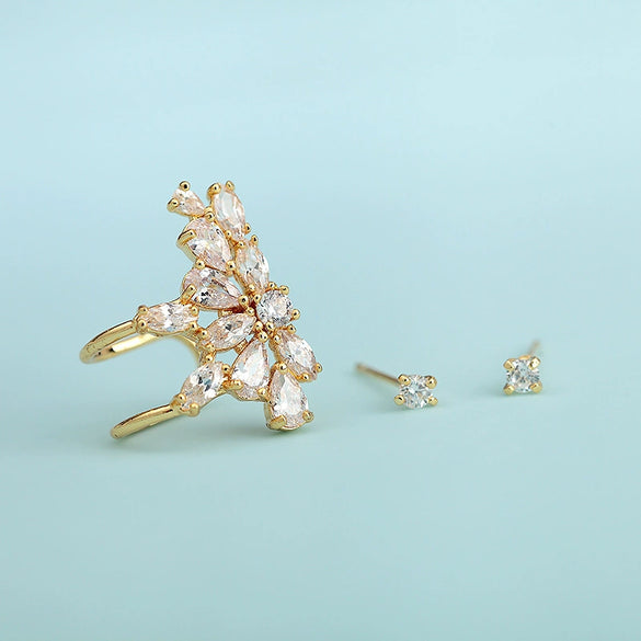 Women's Asymmetric Copper Electroplated Zircon Ear Cuff Clip Earrings With Microinlaid Fashion Jewelry