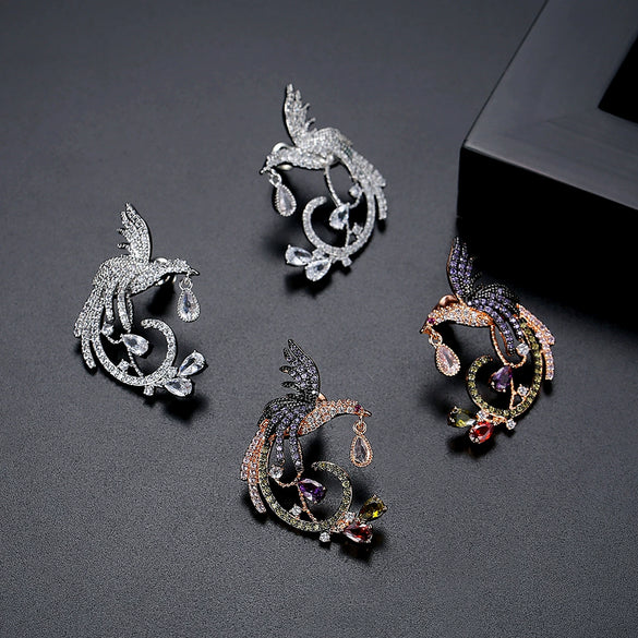 Women's Asymmetric Phoenix Earrings In Electroplated Copper With Colorful Zircon Geometric Animal Design