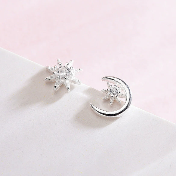 Women's Asymmetric Star And Moon Constellation Earrings In Electroplated Sterling Silver Jewelry