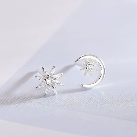 Women's Asymmetric Star And Moon Constellation Earrings In Electroplated Sterling Silver Jewelry