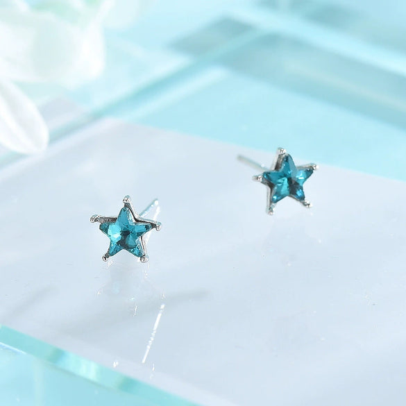Women's Asymmetric Star And Moon Earrings In Sterling Silver With Blue Zircon And Diamond Accents