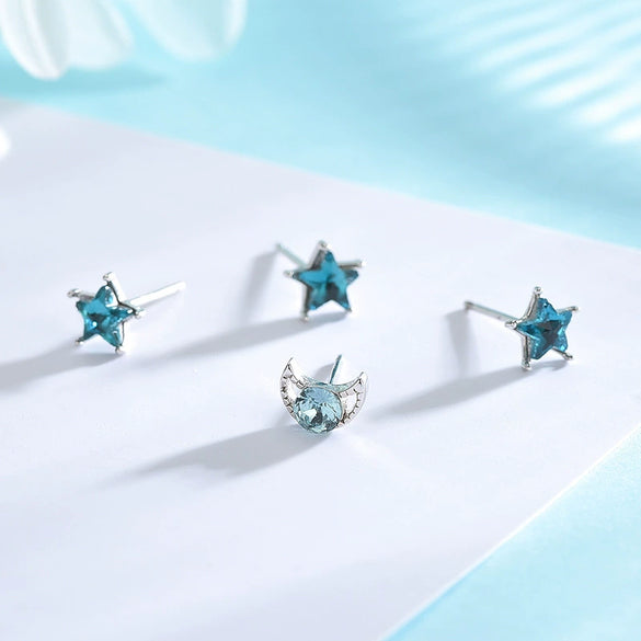 Women's Asymmetric Star And Moon Earrings In Sterling Silver With Blue Zircon And Diamond Accents