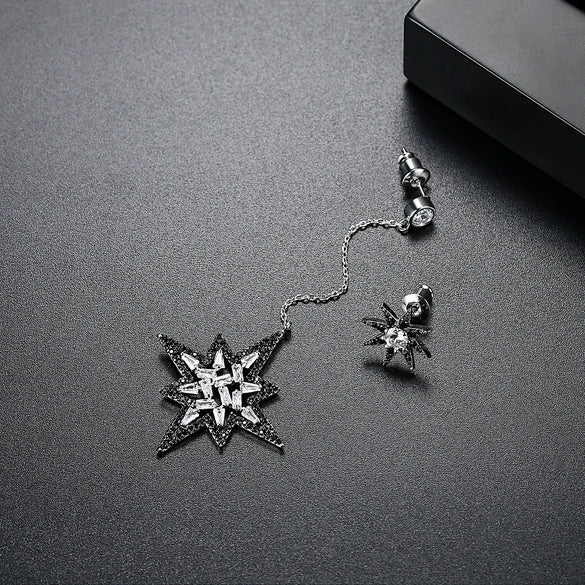 Women's Asymmetric Star Earrings With Black And White Zircon Accents Electroplated Copper Fashion Jewelry