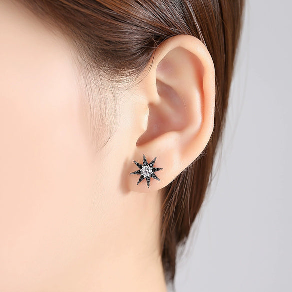 Women's Asymmetric Star Earrings With Black And White Zircon Accents Electroplated Copper Fashion Jewelry