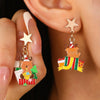 Women's Asymmetrical Alloy Christmas Tree And Elk Earrings With Dripping Oil Cartoon Design