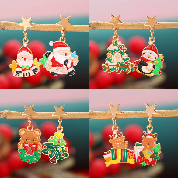 Women's Asymmetrical Alloy Christmas Tree And Elk Earrings With Dripping Oil Cartoon Design